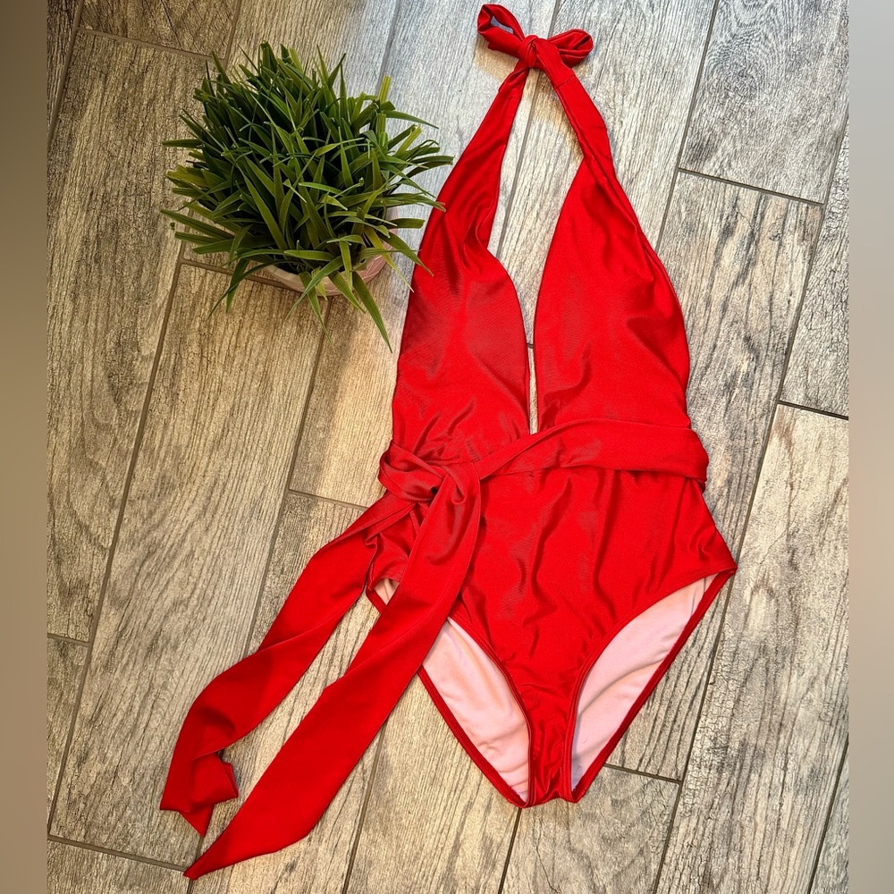 Iconic Brand Red Deep V Plunge One Piece Swimsuit with Tie Waist
